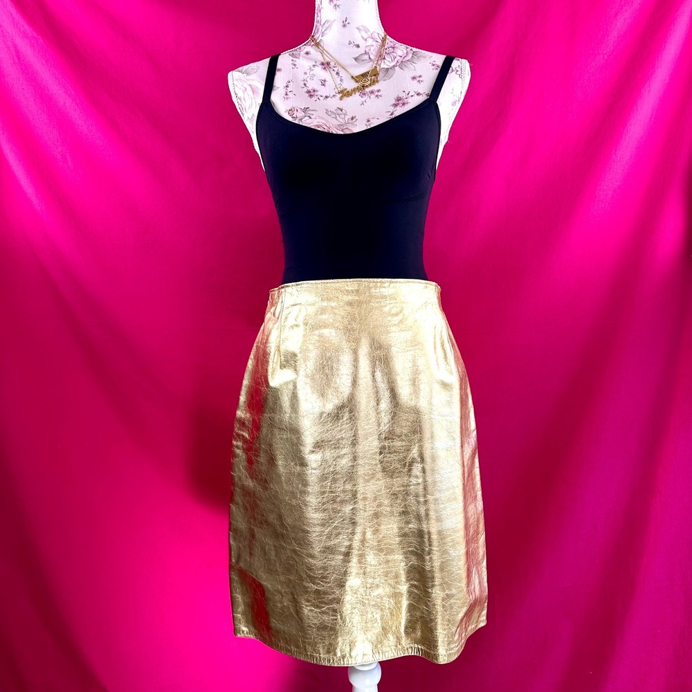 Vintage Gold Metallic Leather Mini Skirt Disco Glam Party Festival 90s Size 12 - Picture 3 of 16